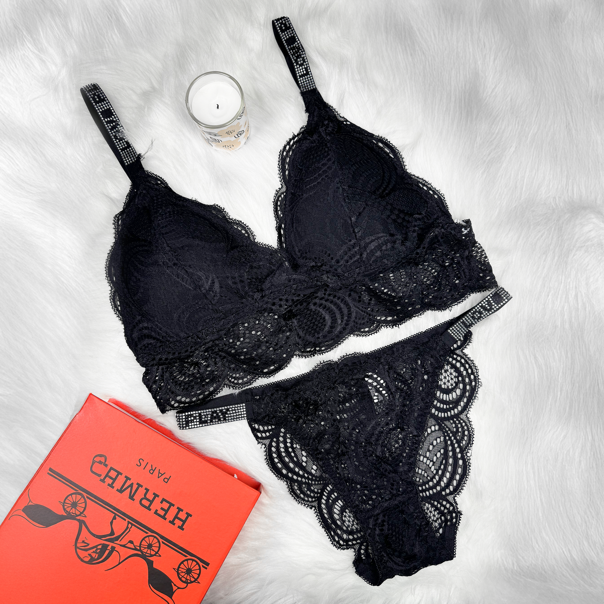 Sexy Bralette French Lace Deep V-neck Removable Padded Bra With Underwear