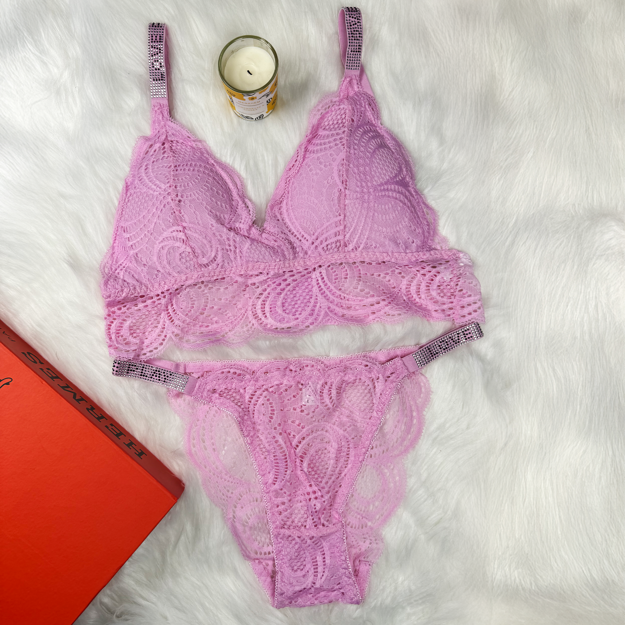 Sexy Bralette French Lace Deep V-neck Removable Padded Bra With Underwear