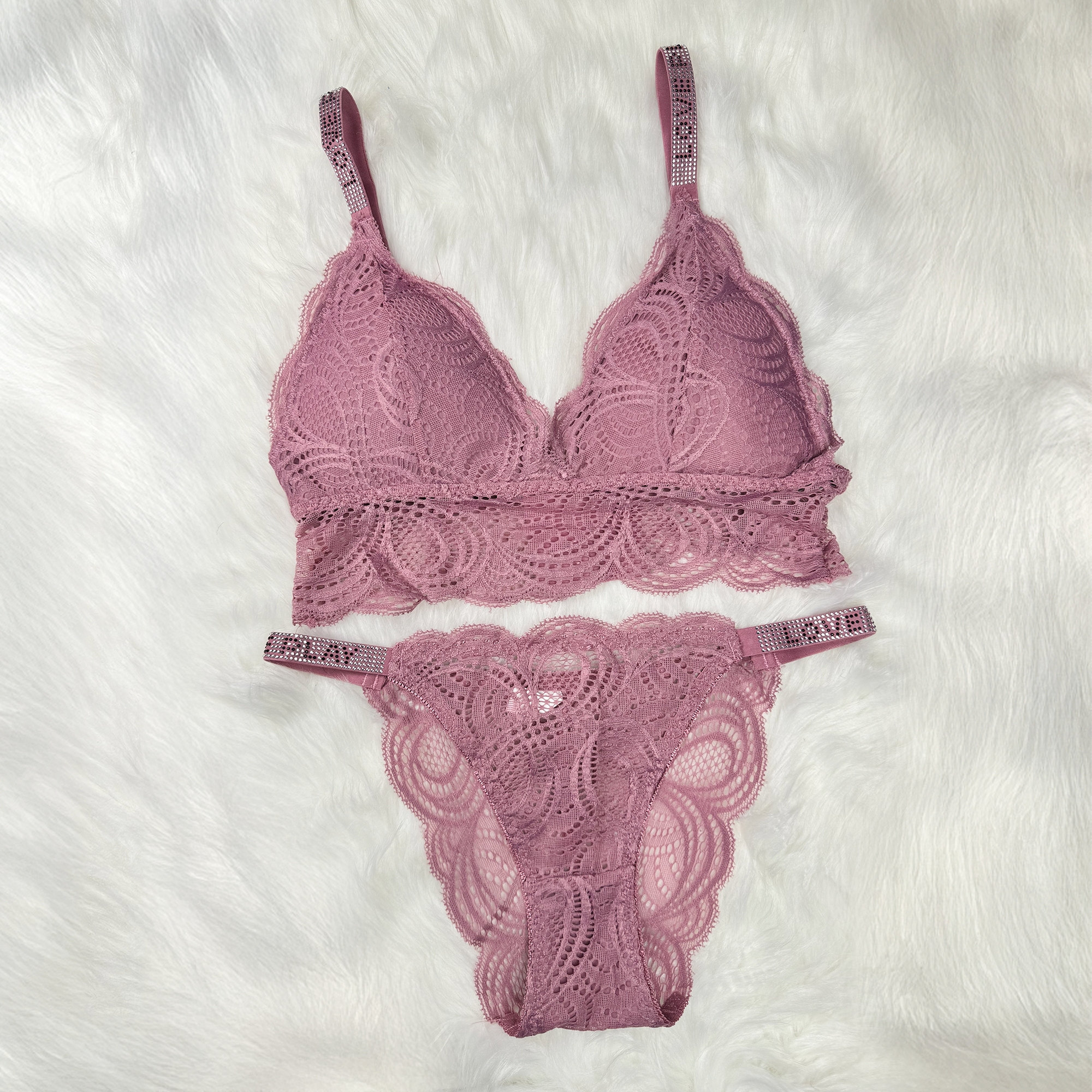 Sexy Bralette French Lace Deep V-neck Removable Padded Bra With Underwear