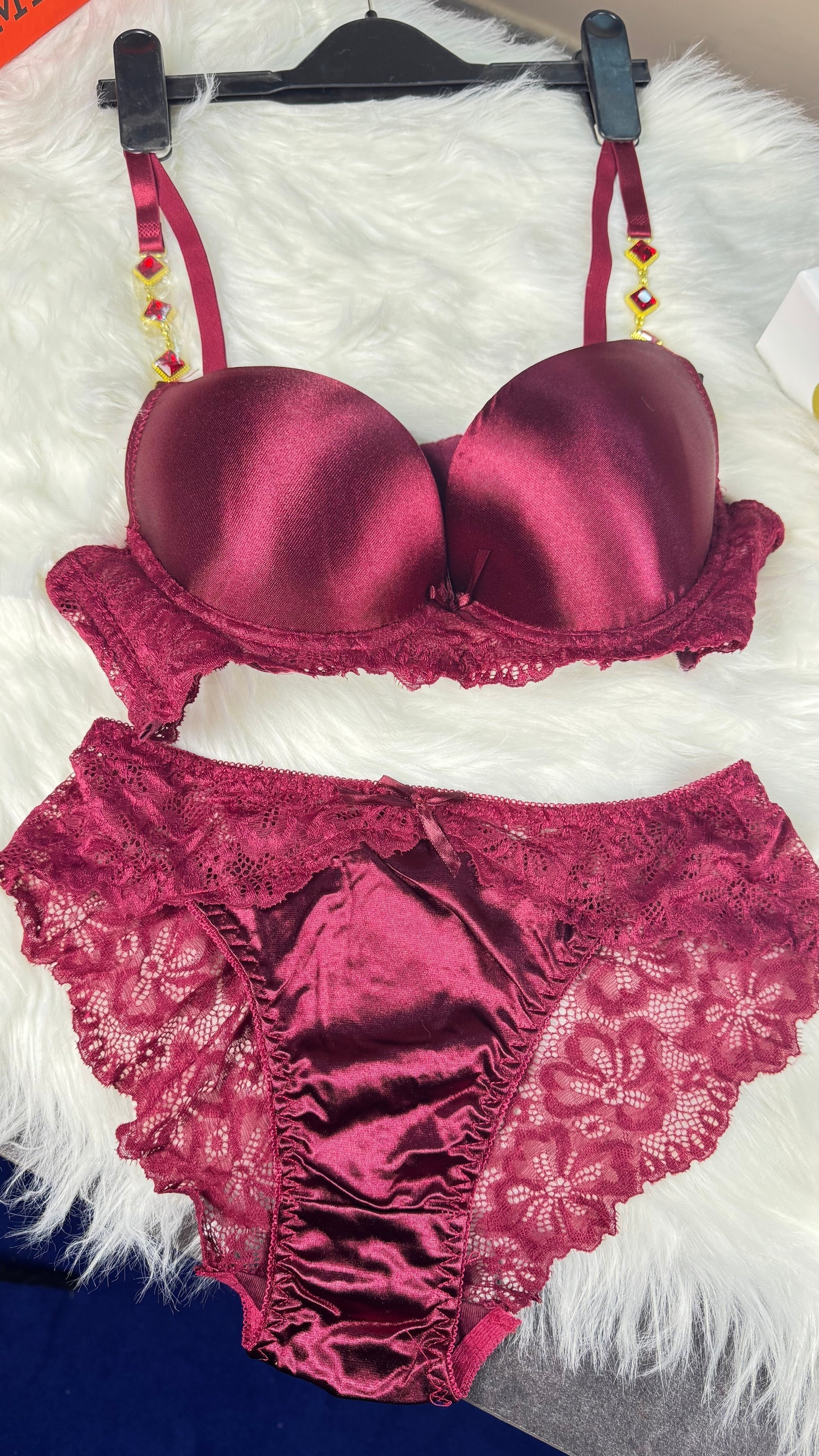 Luxury Thin Pad Silk Bra Set with Embellished Stones