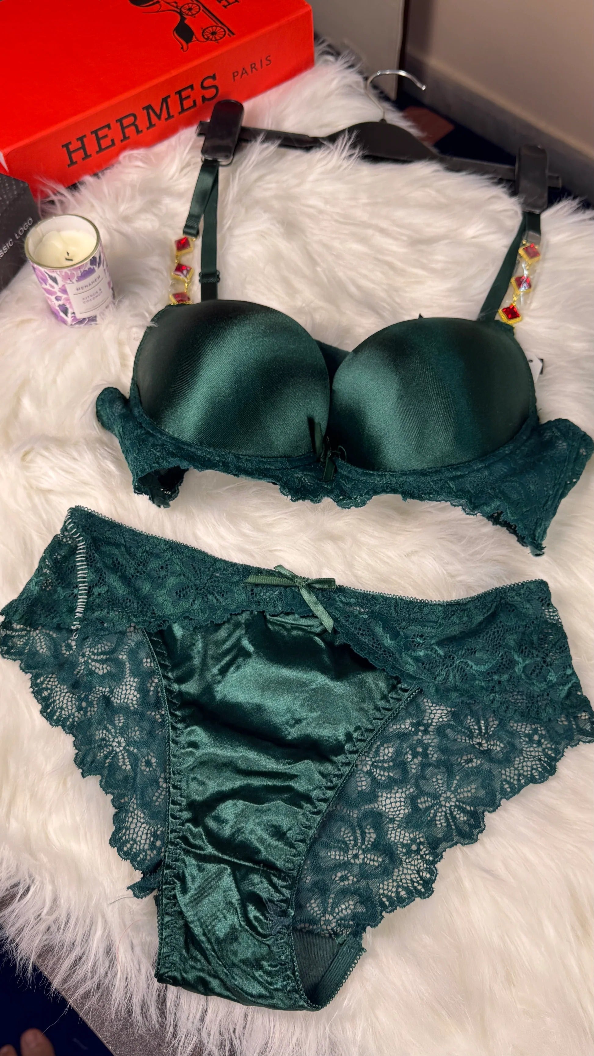 Luxury Thin Pad Silk Bra Set with Embellished Stones