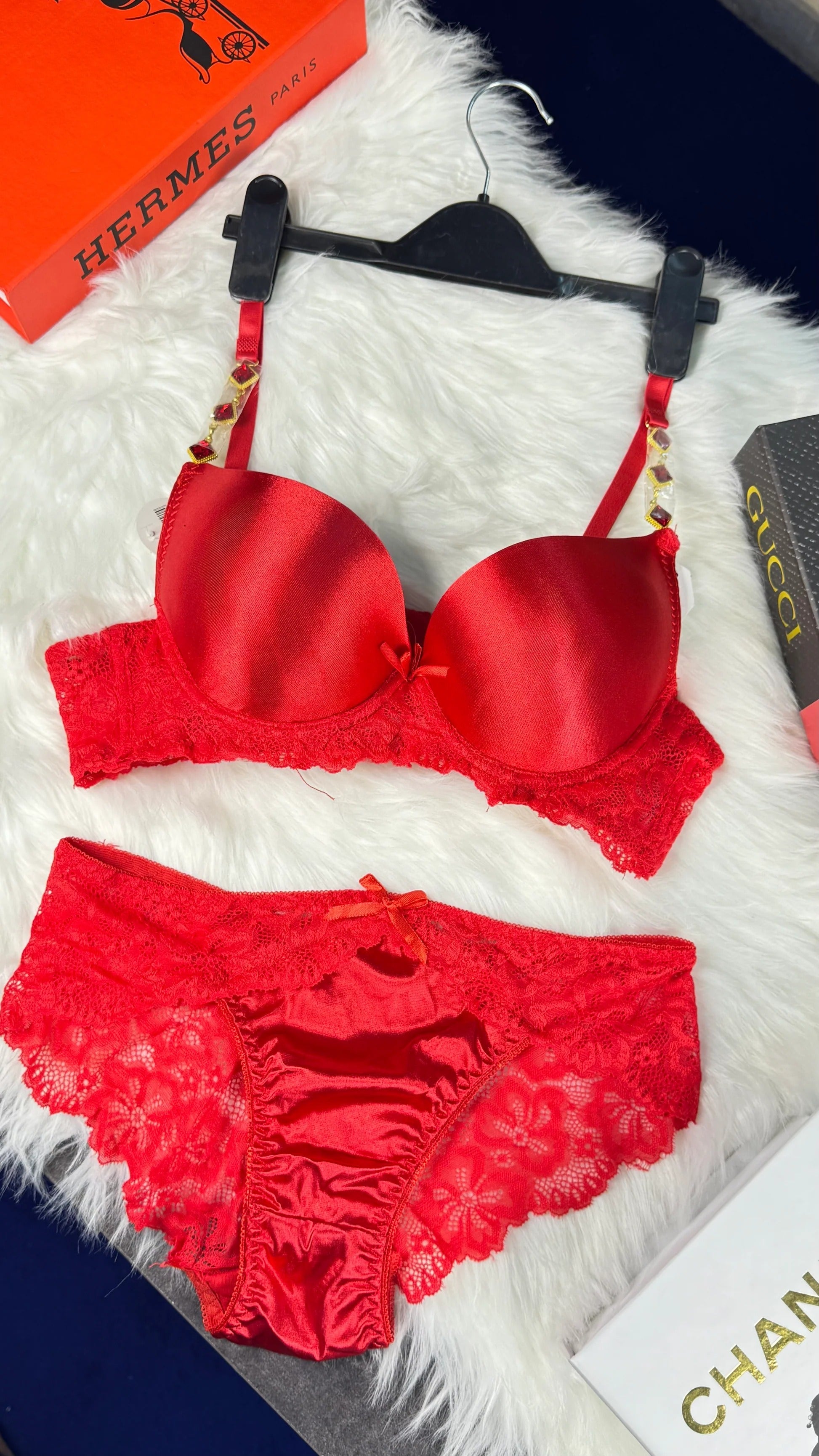 Luxury Thin Pad Silk Bra Set with Embellished Stones