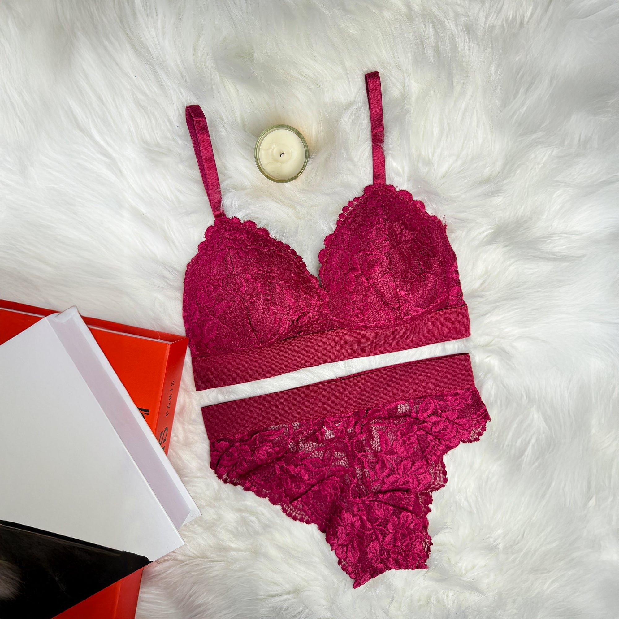 Premium Bridal Lace Padded Removable Bra with Same Lace Underwear