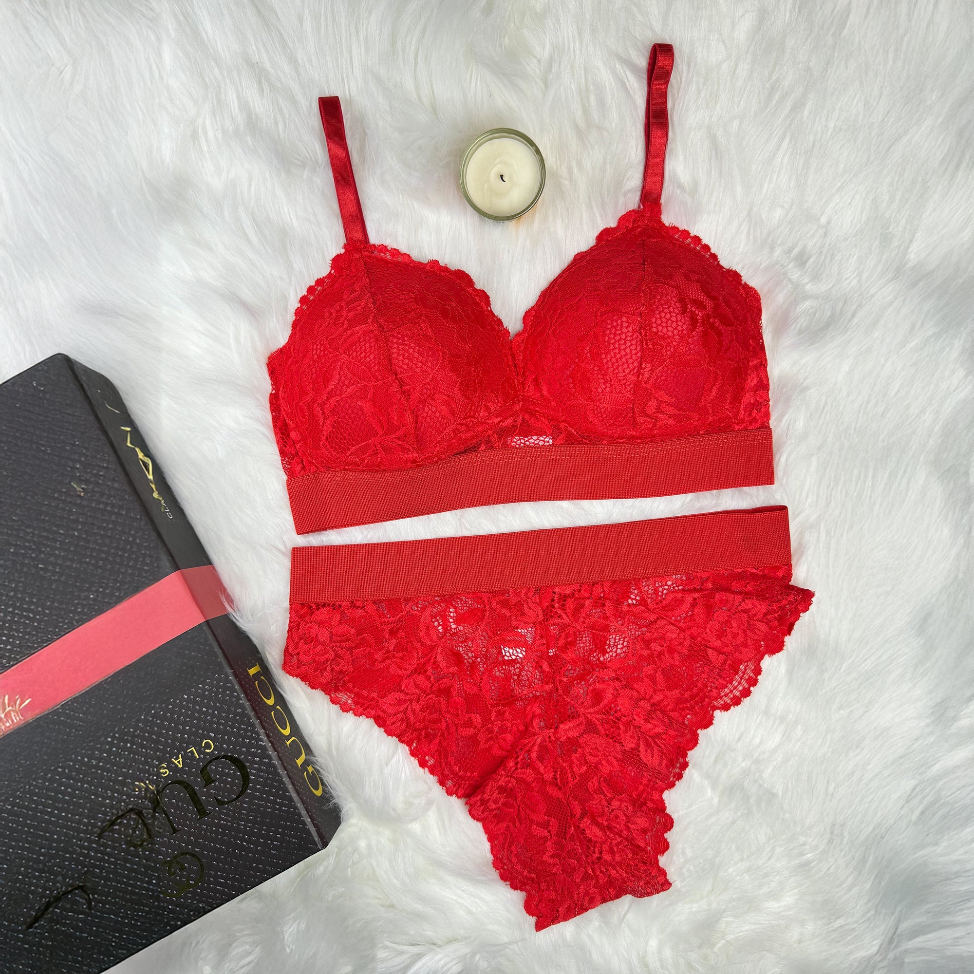 Premium Bridal Lace Padded Removable Bra with Same Lace Underwear