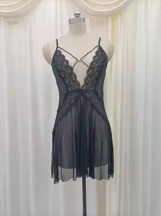 Deep V Nightgown With Pearls Sexy Lace 2 Piece Set Woman Lingerie