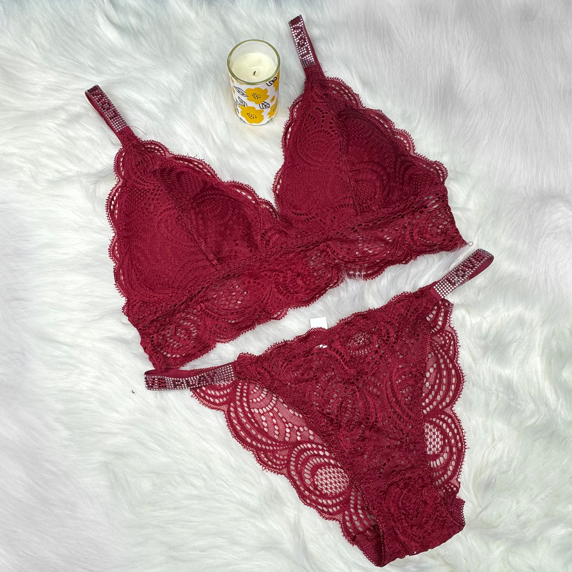 Sexy Bralette French Lace Deep V-neck Removable Padded Bra With Underwear
