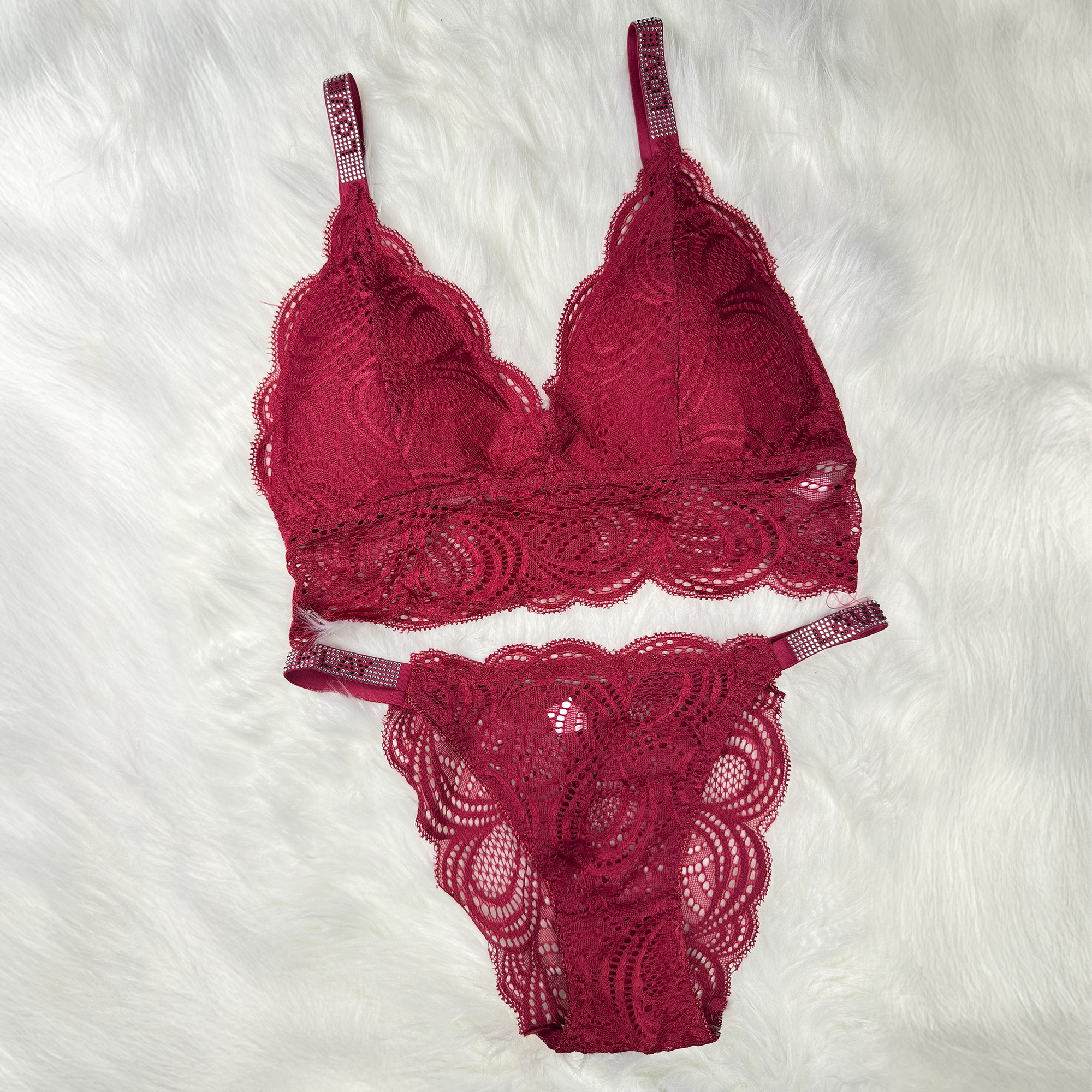 Sexy Bralette French Lace Deep V-neck Removable Padded Bra With Underwear