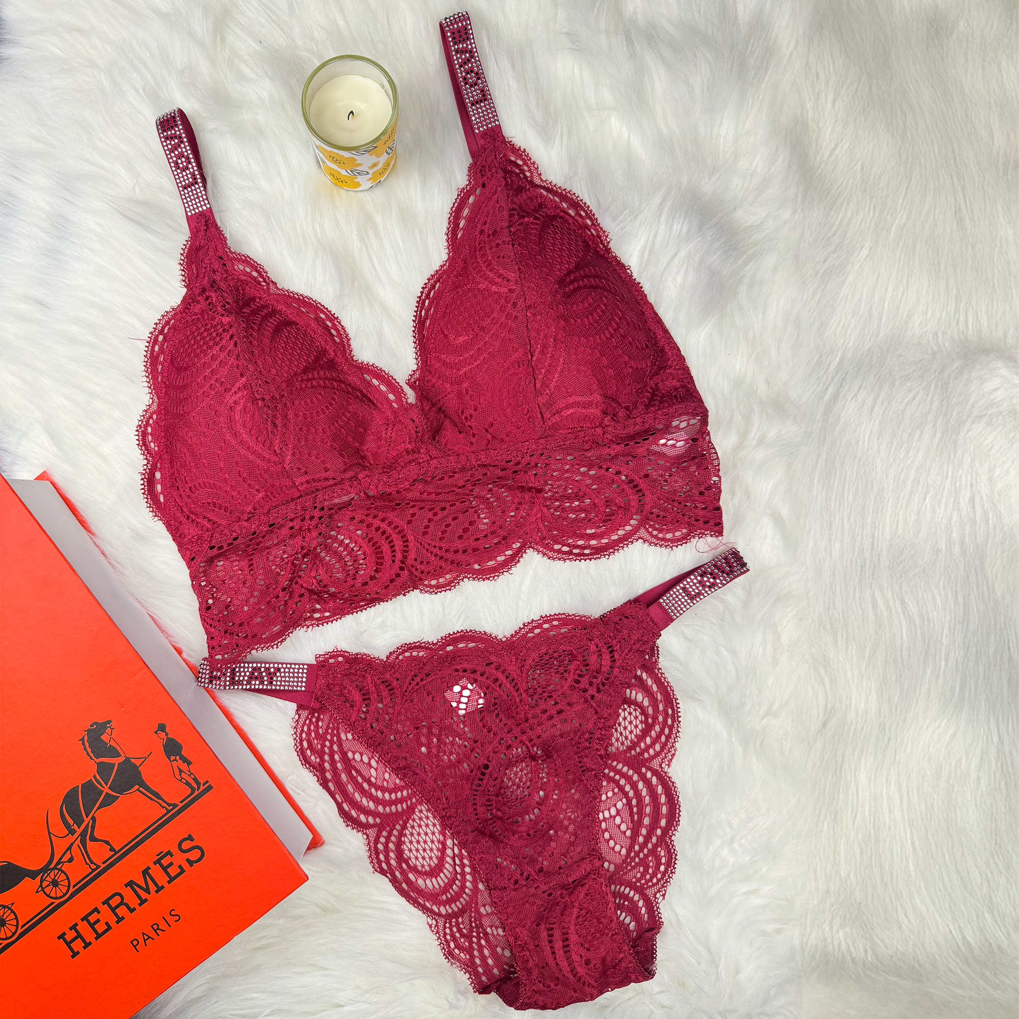 Sexy Bralette French Lace Deep V-neck Removable Padded Bra With Underwear