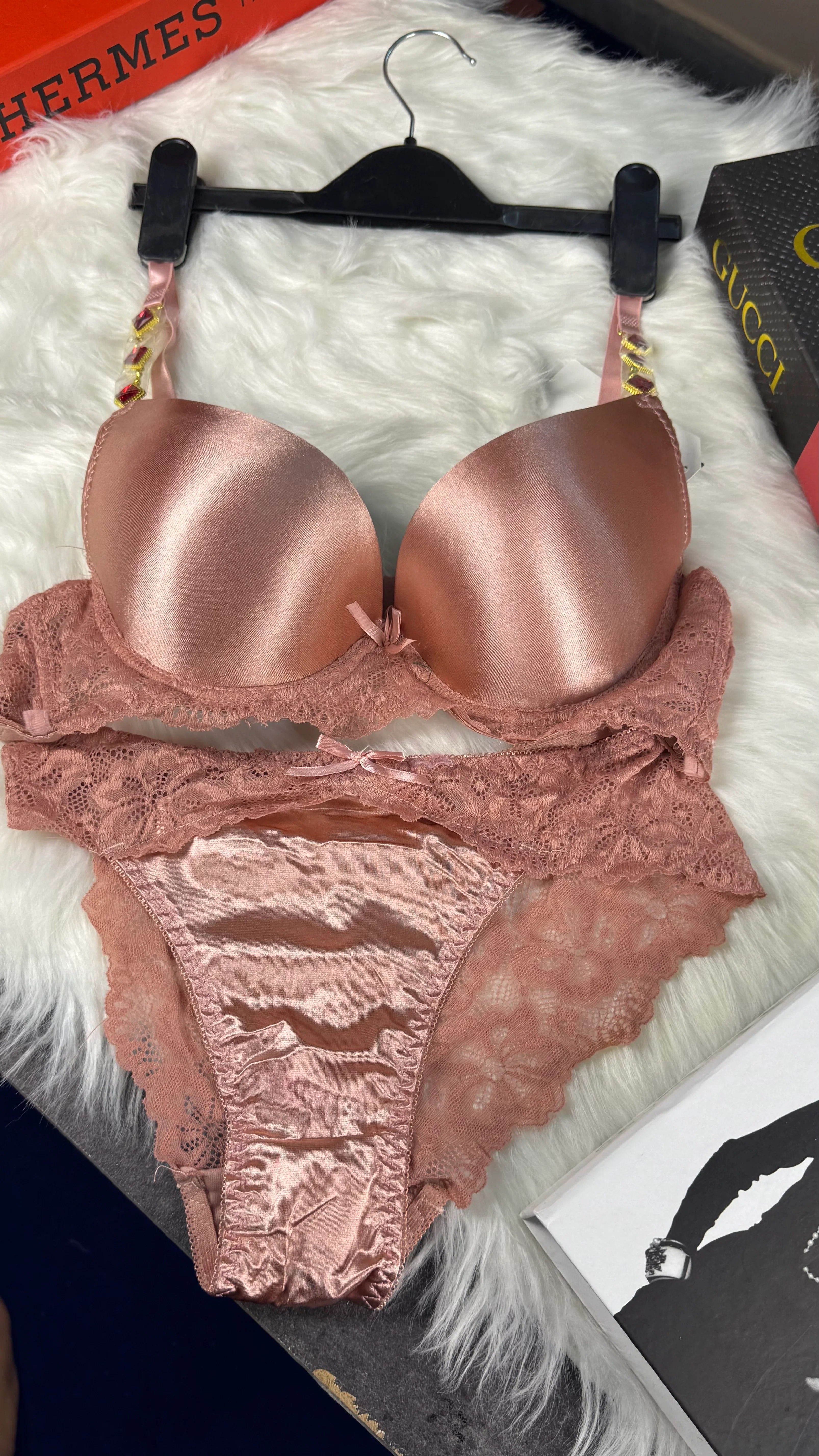 Luxury Thin Pad Silk Bra Set with Embellished Stones