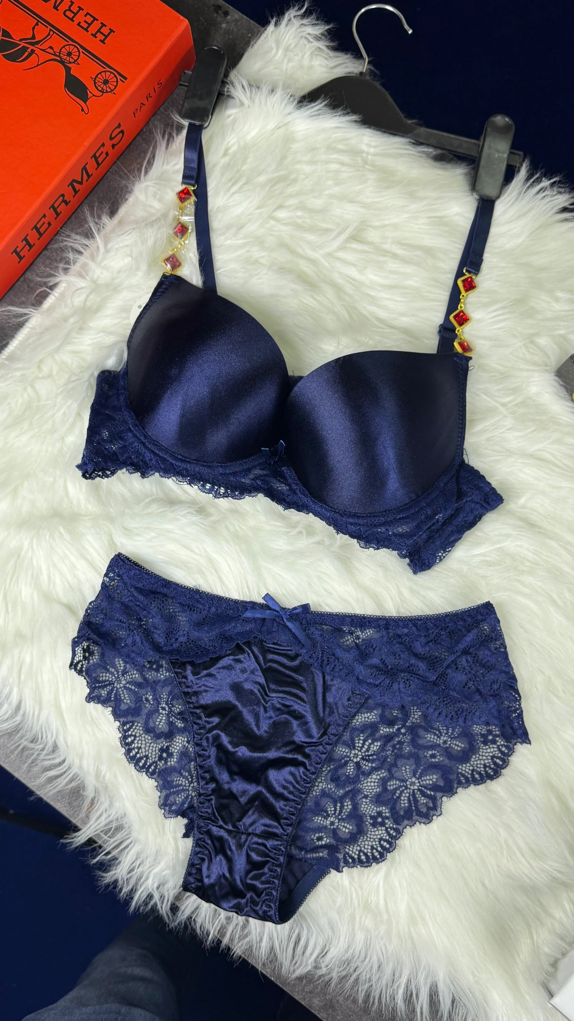 Luxury Thin Pad Silk Bra Set with Embellished Stones