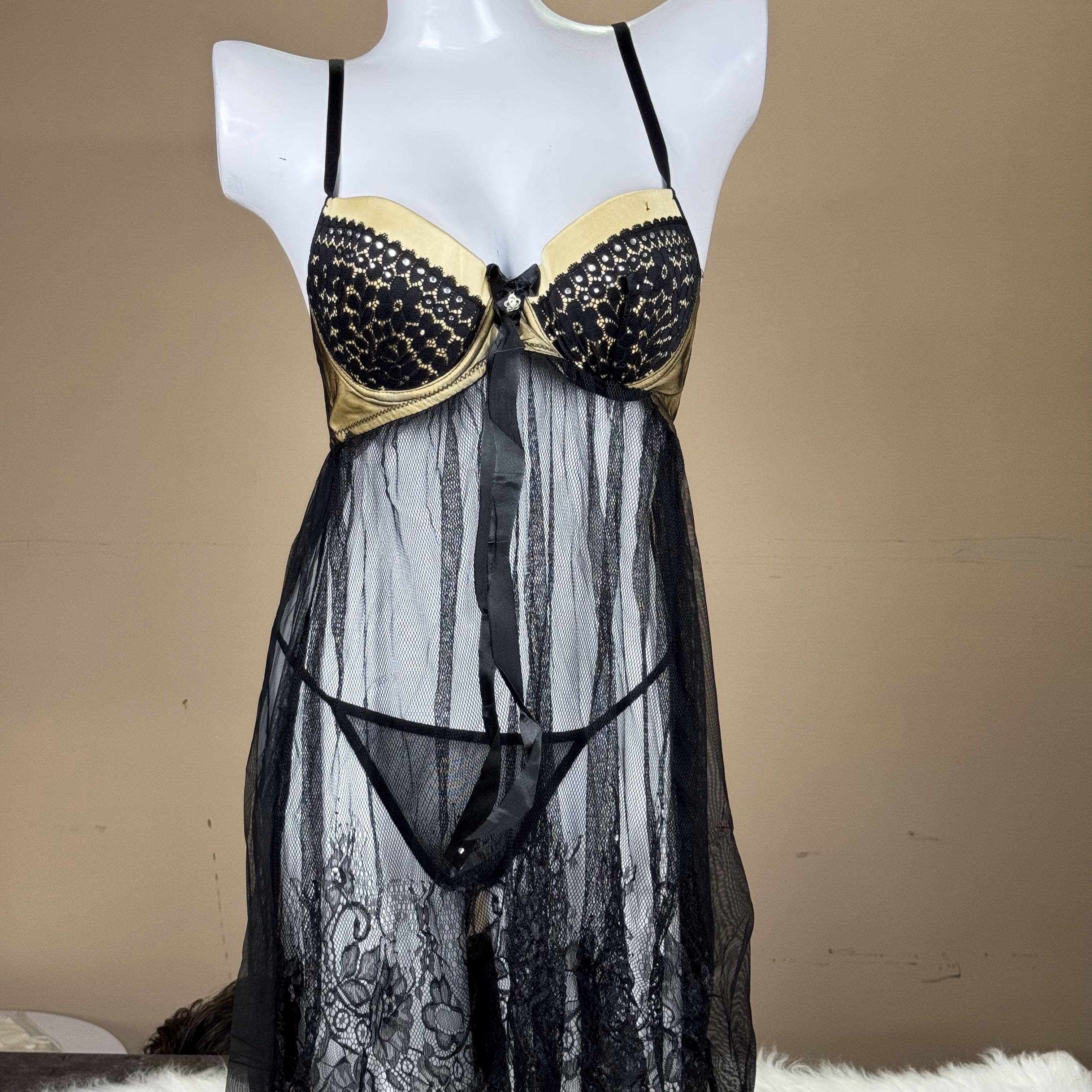 Black Lace Babydoll Lingerie Set Sheer Mesh Nightwear with Matching Panties