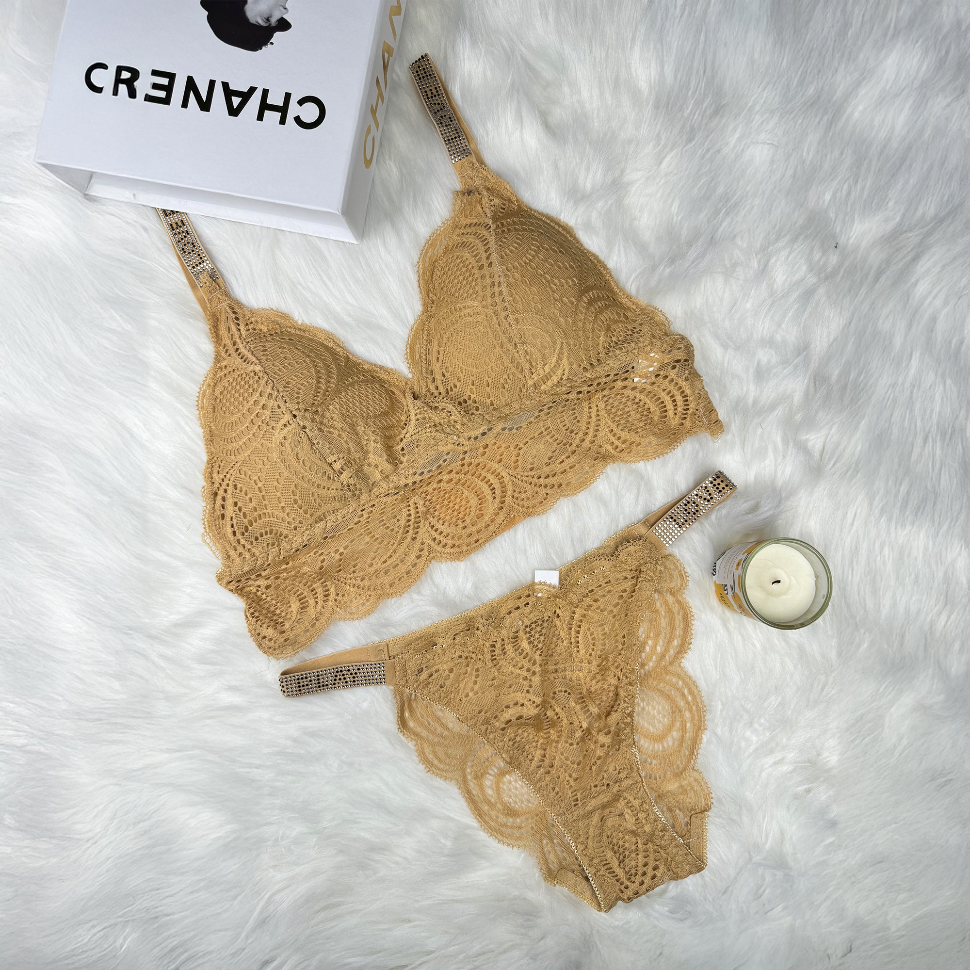 Sexy Bralette French Lace Deep V-neck Removable Padded Bra With Underwear