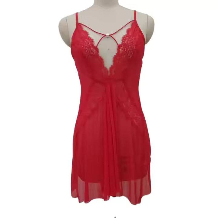 Deep V Nightgown With Pearls Sexy Lace 2 Piece Set Woman Lingerie